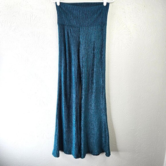 Velour Flare Pant Small Teal Blue High Waist Pull on Stretchy Trouser Retro 70's - Picture 1 of 10